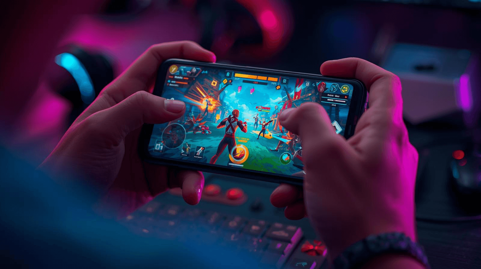 Hands playing a mobile game, with UI on screen