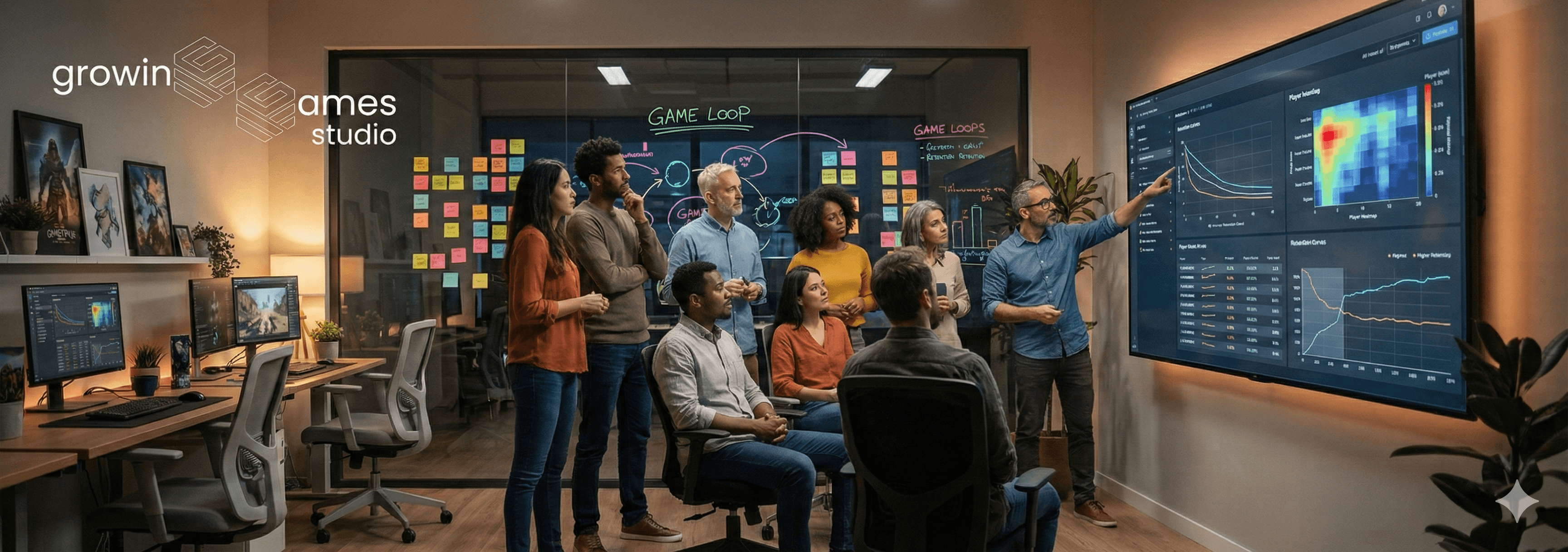 Team reviewing game dashboards and roadmaps