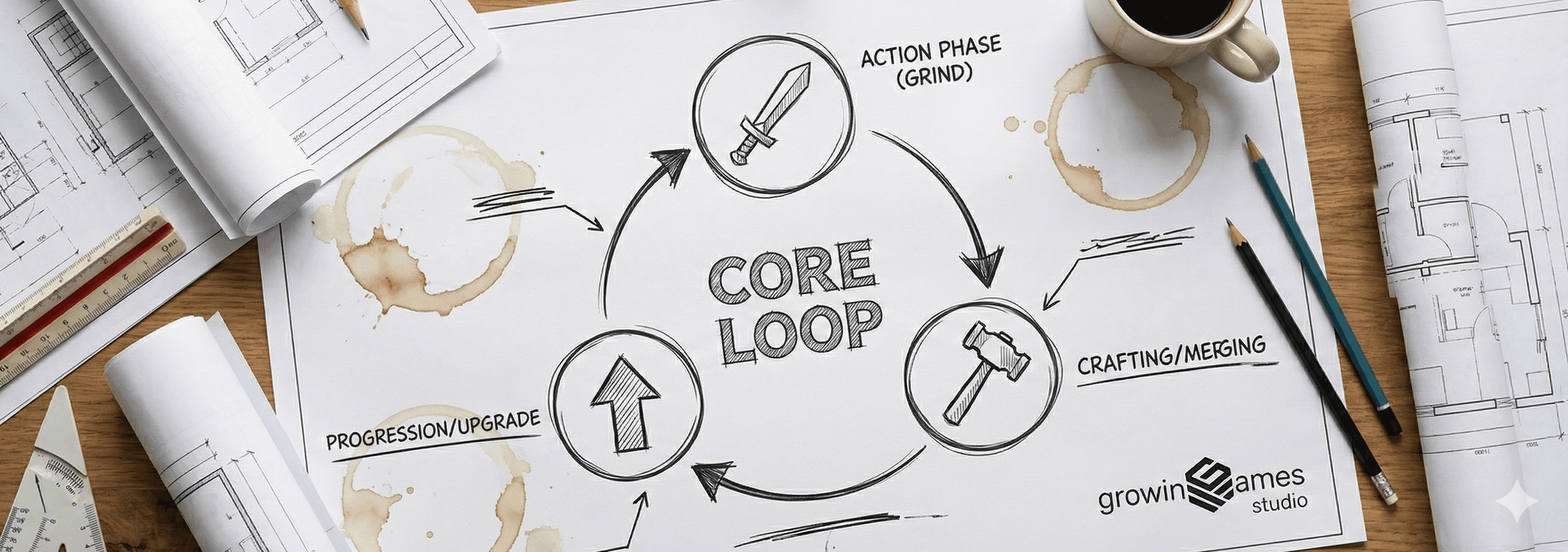 Core loop diagram for game design on a desk
